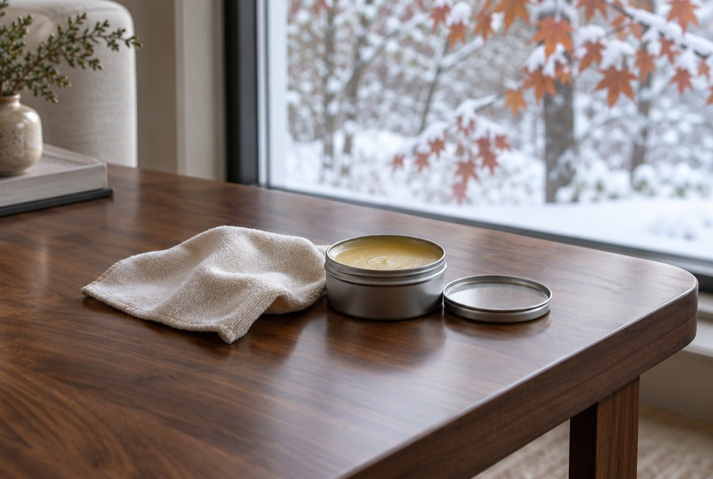 A soft cloth and a tin of paste wax on a solid walnut coffee table by a window with snowy maples outside