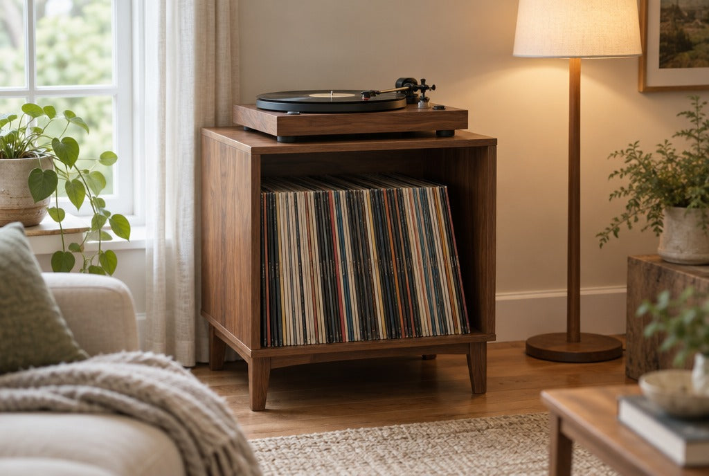 A solid wood record player stand with a turntable on top and vinyl records filed below in a cozy living room with a lamp