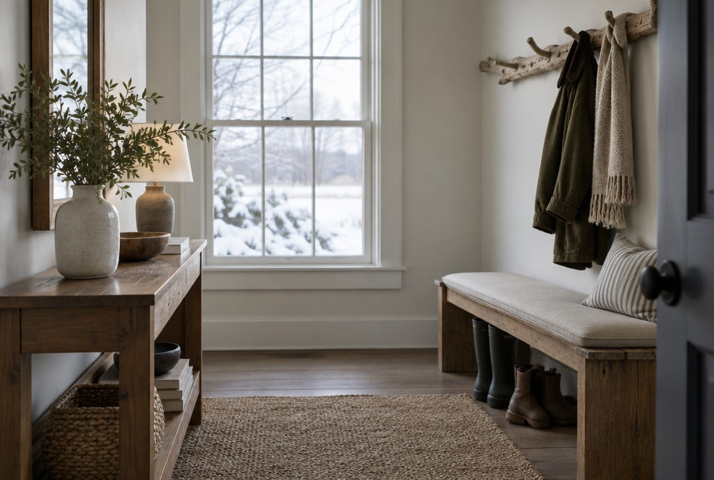 A Connecticut farmhouse entry with a solid wood console table, an entryway bench with boots underneath and a driftwood coat rack, snow outside the window