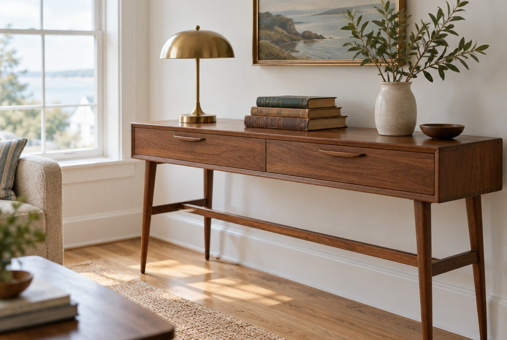 A newly built mid-century style solid wood console table with a brass lamp and old books in a bright New England room
