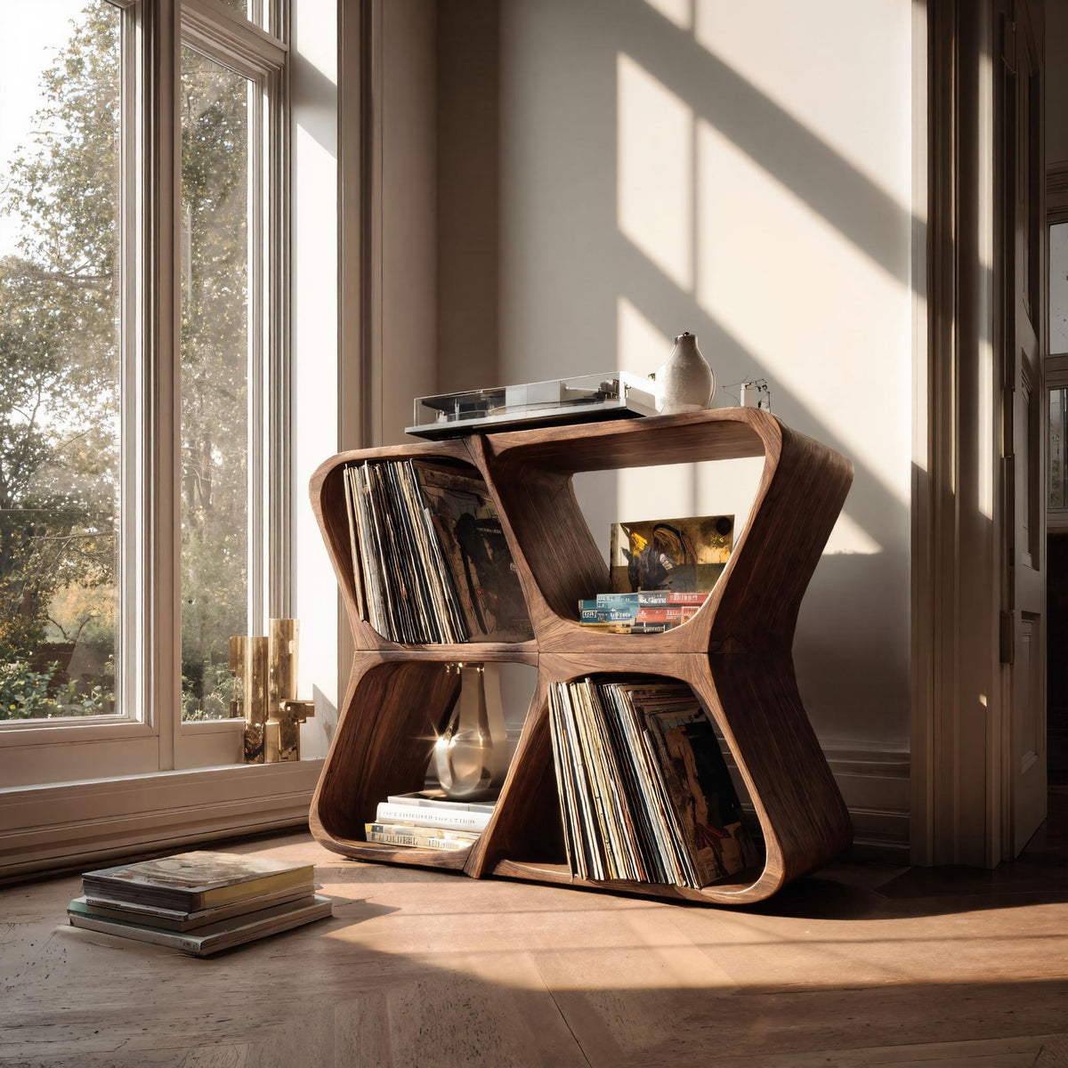 Harmona Sculpted Solid Wood Record Player Stand With Storage