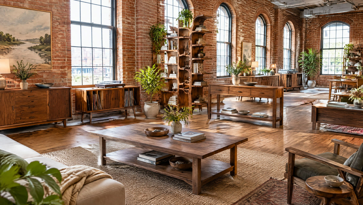 Inside a mill-building showroom with newly built vintage-inspired solid wood furniture